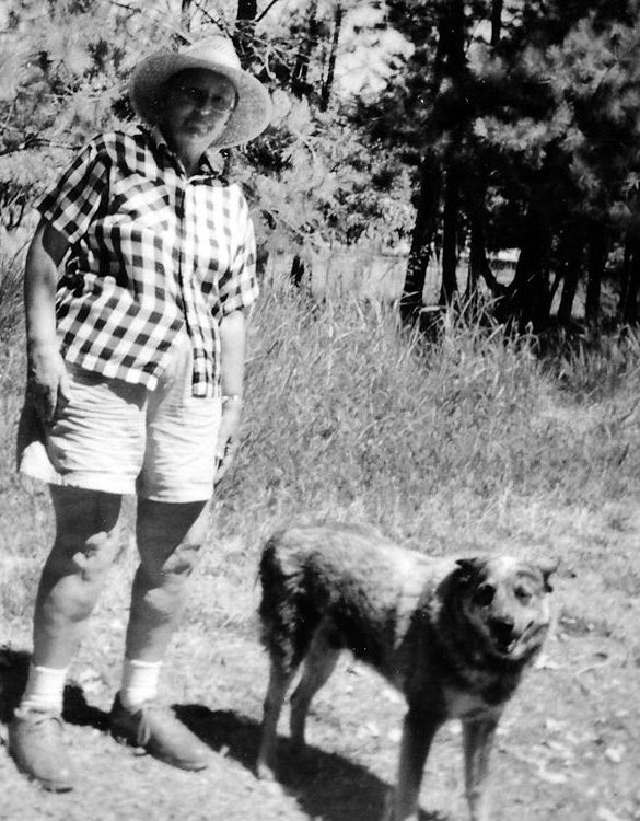 Mama and Duke on one of their daily walks. Duke, a Queensland Heeler, (Australian Cattle Dog), loved to herd Mama up and down country roads.